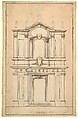 Design for the Façade of Santi Faustino e Giovita, Rome, Carlo Fontana (Italian, Bruciate near Como 1638–1714 Rome), Pen and brown ink, brush and brown and gray wash, over black chalk; the background in faint red brush and wash; brown ink border on drawing