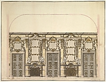 Design for the Salon of the Pleasure Pavilion, Favorita, at Ludwigsburg, 1718, Donato Giuseppe Frisoni  Italian, Pen with brown and gray ink, brush with gray, rose, and yellow green wash, highlighted with gold, over ruled construction; design framed with pen and brown ink outlines