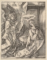 The Annunciation; on the left the archangel Gabriel approaches the praying Virgin Mary in her bedchamber, over her head a dove representing the Holy Ghost, in the sky above a figure of God the Father, from "The Passion of Christ", after Dürer, Marcantonio Raimondi  Italian, Engraving; second state of three