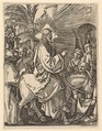 The Entry into Jerusalem;  Christ riding on a donkey towards an arched city gate; an elderly man spreads out his cloak on the road, from "The Passion of Christ", after Dürer, Marcantonio Raimondi  Italian, Engraving; second state of three