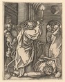 The Cleansing of the Temple; Christ driving the money-changers from the temple and raising a scourge over his left shoulder, as if to strike a man on the floor, from "The Passion of Christ", Marcantonio Raimondi  Italian, Engraving; second state of three
