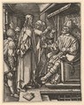 Christ standing, hands tied behind back, before Herod seated on throne, from "The Passion of Christ", after Dürer, Marcantonio Raimondi  Italian, Engraving; second state of three