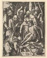 The Deposition; Christ being taken from the Cross, a man on a ladder is holding the body while St John is supporting the weight with a cloth rope, from "The Passion of Christ", after Dürer, Marcantonio Raimondi  Italian, Engraving; second state of three