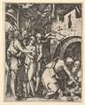 Christ in Limbo; Christ walking down to the arched gateway to Limbo on the right, on the left a group of people including Moses, John the Baptist, Adam and Eve, from "The Passion of Christ", after Dürer, Marcantonio Raimondi Italian, Engraving; second state of three