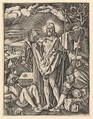The Resurrection; Christ standing in front of a closed tomb, holding a flag and giving a blessing, guards sleeping in the foreground, from "The Passion of Christ", after Dürer, Marcantonio Raimondi  Italian, Engraving; third state of three