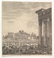 The columns of the Temple of Antoninus to right, a part of the Campo Vaccino in center and at left, along with various animals and figures, the Palatine ruins in the background, from "Six large views, four of Rome, and two of the Roman countryside" (Six grandes vues, dont quatre de Rome et deux de la Campagne romaine), Stefano della Bella  Italian, Etching; second state of two
