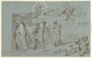 God Summons Noah and His Family into the Ark, Joseph von Führich  Austrian, Pen and brown ink, heightened with white gouache, on blue paper