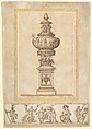 Study of an Urn; Study for the Frieze Decoration around the Urn, Edward Pierce (Pearce) II British, Pen and brown ink, brush and blue-gray wash, over black chalk; stencilled gold border