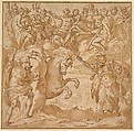 The Contest Between Athena and Poseidon for the Possession of Athens, Cesare Nebbia Italian, Pen and brown ink, brush and brown wash, over traces of leadpoint or black chalk; squared in red chalk; traces of framing lines in pen and darker brown ink