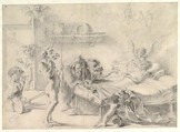 An Old Man on His Deathbed Tempted by Demons (recto); Back View of a Male Nude (verso), Aureliano Milani (Italian, Bologna 1675–1749 Bologna), Black chalk, stumped