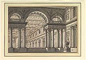 Design for a Stage Set: Classical Arcaded Gallery with Triumphal Arch Motif, Paolo Landriani Italian, Pen and brown ink, brush and brown and gray wash, over traces of black chalk