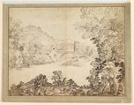 Landscape with a Bridge and Two Figures, Giovanni Francesco Grimaldi Italian, Pen and brown ink, over traces of black chalk