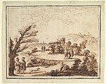 Landscape with Figures and Fortifications, Guercino (Giovanni Francesco Barbieri)  Italian, Pen and dark brown ink, brush and black brown ink, over red chalk for the two figures at the left first plan