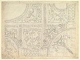 Design for a Quarter of Stucco Ceiling, Anonymous, Italian, Piedmontese, 18th century Italian, Pen and gray ink, over black chalk, with ruled and compass construction; some dotted and some continuous framing lines in pen and gray ink over black chalk