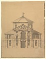 Elevation for a Building with an Octogonal Cupola and two stoy Pendimenting Facades, Anonymous, Italian, Piedmontese, 18th century  Italian, Pen and gray ink, brush and gray wash, over leadpoint or graphite, with ruled and compass construction; framing outlines in pen and dark gray ink on a light brown paper