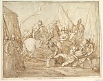 Scene from Ancient History, Giuseppe Piattoli Italian, Pen and brown ink, brush and brown wash, over black chalk; framing lines in pen and brown ink at left, upper, and right margins