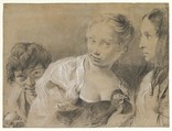 Boy with an Egg, Girl with a Hen, and a Watching Woman, Giovanni Battista Piazzetta  Italian, Charcoal (?) and black chalk, highlighted with white chalk, on blue-gray paper faded to brown
