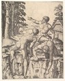 The Climbers: three naked men, one seen from behind climbing onto a river-bank, soldiers emerge from the forest in the background, Marcantonio Raimondi (Italian, Argini (?) ca. 1480–before 1534 Bologna (?)), Engraving