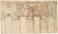 Design for a Wall Decoration: Representations of the Ascension and of the Conversion of the Ethiopian Eunuch, Giovanni de' Vecchi  Italian, Pen and brown ink, over black chalk (architectural elements); red chalk, pen and brown ink, traces of black chalk (narrative scenes)