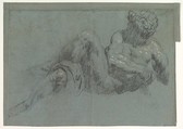 Study after Michelangelo's Giorno (recto and verso), Jacopo Tintoretto (Jacopo Robusti) (Italian, Venice 1518/19–1594 Venice), Black and white chalk on blue paper