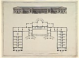 North Elevation and Ground Plan of the Alexander Palace at Tsarskoe Selo, Giacomo Quarenghi Italian, Pen and black ink, brush and blue, gray, and ochre wash, over traces of compass and ruled construction lines in graphite; framing lines in pen and black ink
