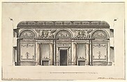 Central Salon of the Alexander Palace at Tsarskoe Selo, Giacomo Quarenghi Italian, Pen and black ink, brush with gray, green, pink, blue, brown, and yellow wash, over ruled construction lines in graphite. Fragments of framing lines in black ink