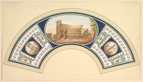 Fan Design with the Colosseum and the Temple of Vesta, Anonymous, Italian, 18th century Italian, Watercolor and gouache on vellum ?