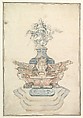 Design for an Altar with a Late Baroque Statue of the Ascension of the Virgin, Claude David  French, Pen and brown ink, gray, rose, and blue wash, with the statue of the assunta in musk and gray-blue ink