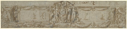 Design for a Frieze with Central Cartouche Containing Medici Arms with Papal Tiara, Anonymous, Italian, second half of the 16th century  Italian, Pen, brown ink and wash, highlighted with white, on blue paper