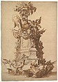 Temporary Structure in Celebration of the Birth of the Duc de Bourgogne (August 6, 1682), Anonymous, Italian, Roman-Bolognese, 17th century  Italian, Pen and brown ink, brush and brown and gray wash, over graphite and traces of red chalk