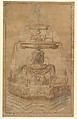 Design for a Fountain with River Gods and Nymphs, Anonymous, Italian, 16th century  Italian, Pen and brown ink, brush and brown wash, over black chalk; compass work and ruling in black chalk, mounted on a secondary paper support