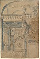 Elevation of a Stairway and Balustrade, Anonymous, Italian, 17th century  Italian, Pen and brown ink with brush and blue wash
