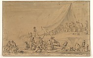 A Pirate's Camp, Anonymous, Italian, 17th century  Italian, Pen and ink, brush and wash, on buff paper
