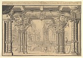 Stage Set Design, Anonymous, Italian, 18th century  Italian, Pen and brown ink, brush and gray wash, over graphite and ruled construction