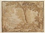 Landscape with Figures, Anonymous, Italian, 17th century  Italian, Pen and brown ink, on parchment, washed.  Drawing for an engraving