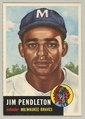 Card Number 185, Jim Pendleton, Infielder, Milwaukee Braves, from the series Topps Dugout Quiz (R414-7), issued by Topps Chewing Gum Company, Issued by Topps Chewing Gum Company (American, Brooklyn), Commercial color lithograph