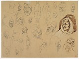Studies of Arab Heads and Figures, Eugène Delacroix (French, Charenton-Saint-Maurice 1798–1863 Paris), Graphite, brush and brown wash, diluted white gouache on tracing paper, laid down