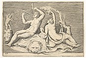 Man Playing Two Flutes and Woman on Lionskin, from "Ex Antiquis Cameorum et Gemmae Delineata/ Liber Secundus/et ab Enea Vico Parmen Incis", Anonymous, Italian, 16th century  Italian, Engraving; third state