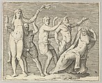 Two Figures, a Faun, and a Satyr approach a Recliniing Woman, from "Ex Antiquis Cameorum et Gemmae Delineata/ Liber Secundus/et ab Enea Vico Parmen Incis", Anonymous, Italian, 16th century  Italian, Engraving; third state