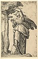 Woman in Roman Costume Picking Fruit from a Tree, Battista Franco  Italian, Etching and engraving