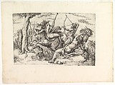 The Abduction of Dejanira, at center in the arms of the centaur Nessus, Hercules at right shooting the centaur with an arrow, Achelous reclining with his cornucopia at lower right, Battista Franco  Italian, Etching; first state of three