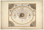 Design for Ceiling with Two Portraits and Fan Supports at Corners, John Gregory Crace , and Son British, Graphite, watercolor and gilt