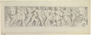 Design for a Frieze, after a Roman Sarcophagus: The First Visit of Bacchus to Ariadne, John Flaxman  British, Pen and black ink, brush and gray wash, on gray paper