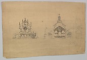 Elevation and section of a church in gothic style, Ernest Geldart British, Pen and ink, over graphite, with watercolor