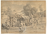 July: Amusements on the Water, (Juillet : les Divertissements sur l’eau), Claude Simpol (French, Clamecy 1666–1716 Paris), Black chalk, pen and black and brown ink, brush and gray wash, heightened with white gouache