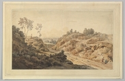 Hilly Landscape with Two Figures on a Road, William Taverner British, Watercolor over black chalk