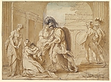 Hector taking leave of Andromache: the Fright of Astyanax, Benjamin West  American, Pen and brown ink, brush and brown wash and blue watercolor, touches of gouache (bodycolor), over traces of black chalk