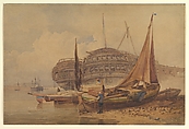 Coastal Scene with Beached Boats in Foreground, Samuel Prout  British, Watercolor