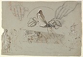 Studies of fairies with a pair of hands (possibly representing the Opening of Pandora's Box), William Lock the Younger British, Graphite and red chalk, pen and brown ink, brush and gray wash, and white gouache (bodycolor)