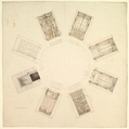 Octagonal Room with Sectional Views, Anonymous, British, 19th century British, Pen and ink with watercolor